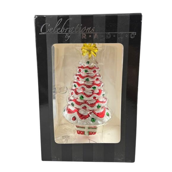 Celebrations by Radko Christmas Tree Glass Ornament - Red & White Glittered - Picture 1 of 9